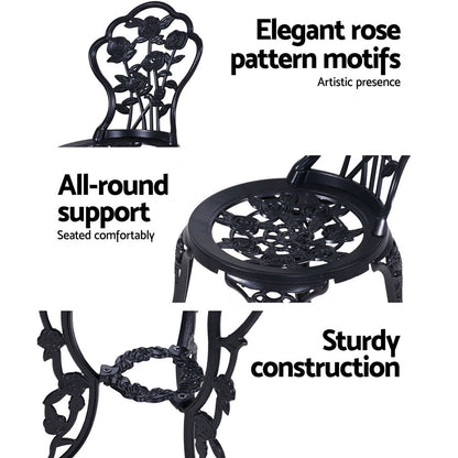 Gardeon 3PC Outdoor Bistro Set – Rose Black Cast Aluminum Table & Chairs