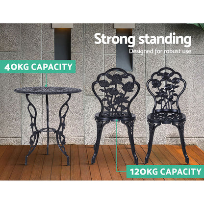 Gardeon 3PC Outdoor Bistro Set – Rose Black Cast Aluminum Table & Chairs