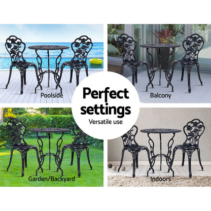 Gardeon 3PC Outdoor Bistro Set – Rose Black Cast Aluminum Table & Chairs
