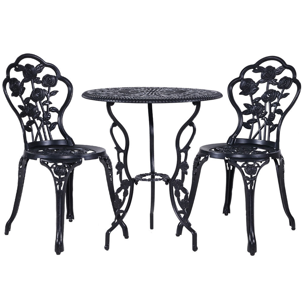 Gardeon 3PC Outdoor Bistro Set – Rose Black Cast Aluminum Table & Chairs