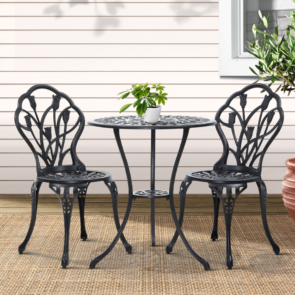 Gardeon 3PC Bistro Set – Black Cast Aluminum Table & Chairs with Tulip Design