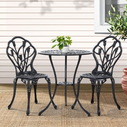 Gardeon 3PC Bistro Set – Black Cast Aluminum Table & Chairs with Tulip Design