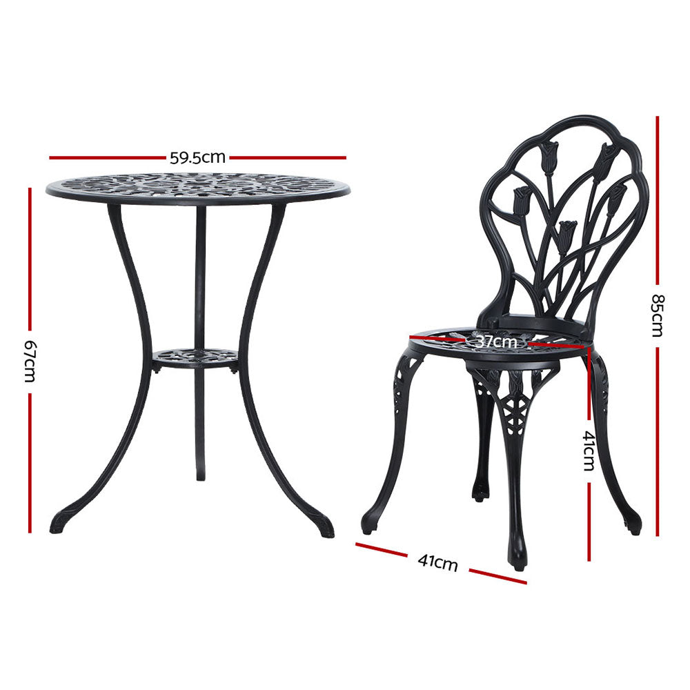 Gardeon 3PC Bistro Set – Black Cast Aluminum Table & Chairs with Tulip Design