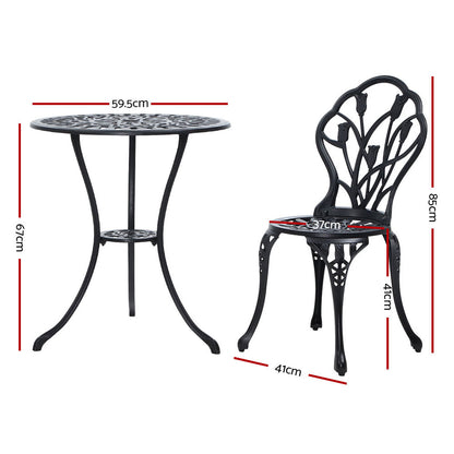 Gardeon 3PC Bistro Set – Black Cast Aluminum Table & Chairs with Tulip Design