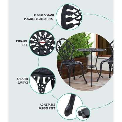 Gardeon 3PC Bistro Set – Black Cast Aluminum Table & Chairs with Tulip Design