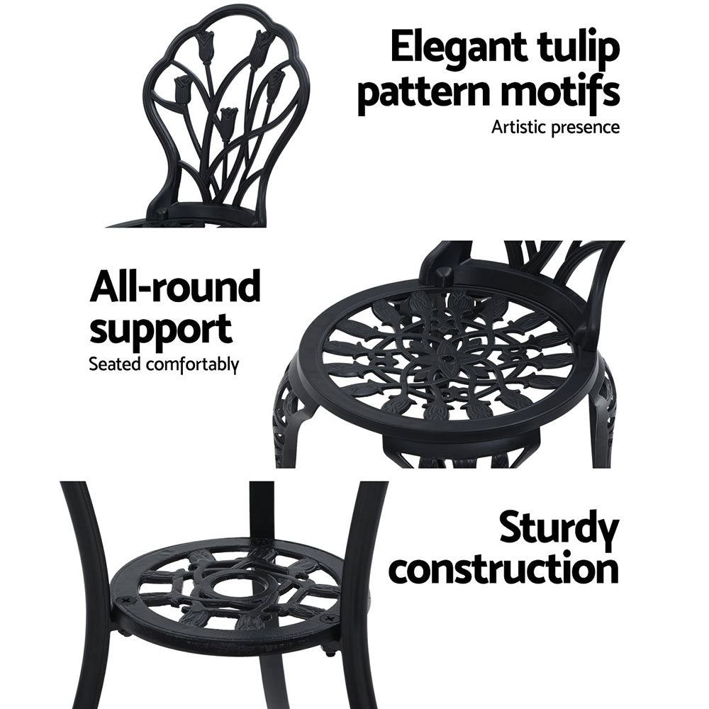 Gardeon 3PC Bistro Set – Black Cast Aluminum Table & Chairs with Tulip Design