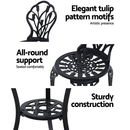 Gardeon 3PC Bistro Set – Black Cast Aluminum Table & Chairs with Tulip Design