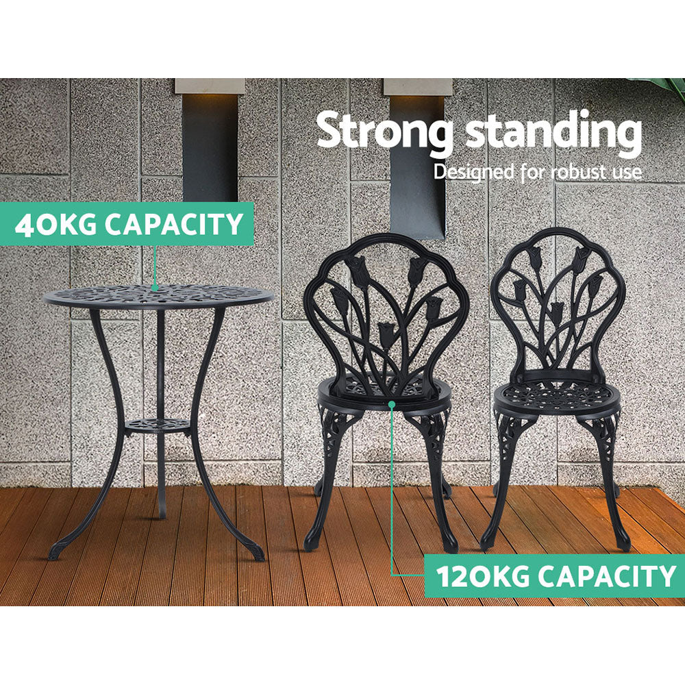Gardeon 3PC Bistro Set – Black Cast Aluminum Table & Chairs with Tulip Design
