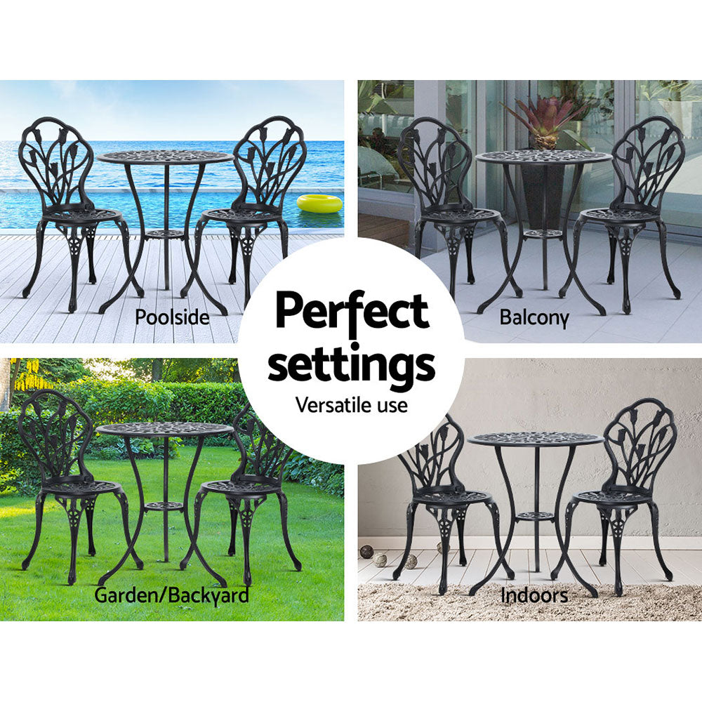 Gardeon 3PC Bistro Set – Black Cast Aluminum Table & Chairs with Tulip Design