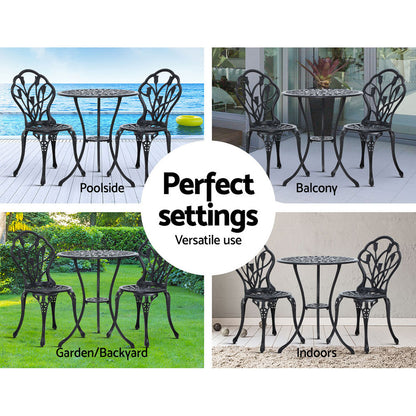 Gardeon 3PC Bistro Set – Black Cast Aluminum Table & Chairs with Tulip Design