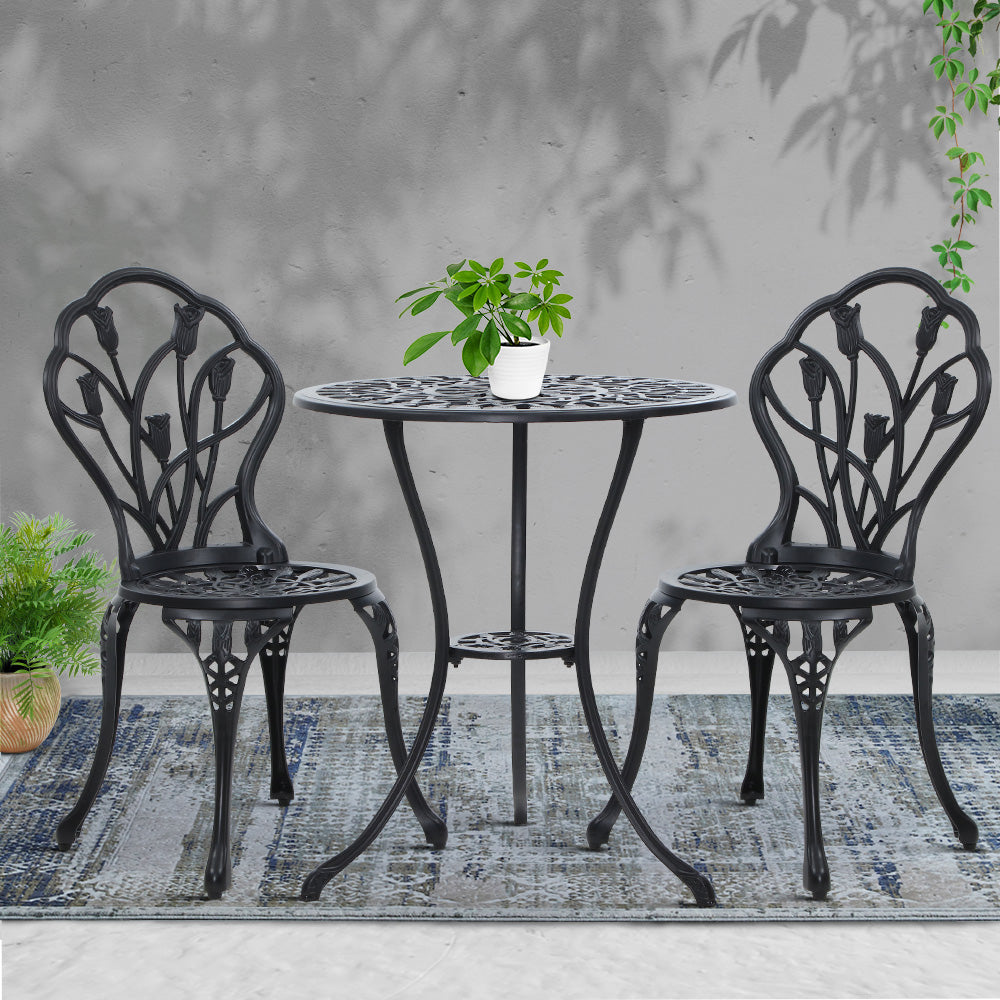 Gardeon 3PC Bistro Set – Black Cast Aluminum Table & Chairs with Tulip Design