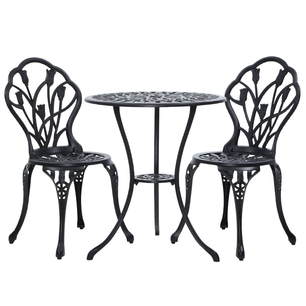 Gardeon 3PC Bistro Set – Black Cast Aluminum Table & Chairs with Tulip Design