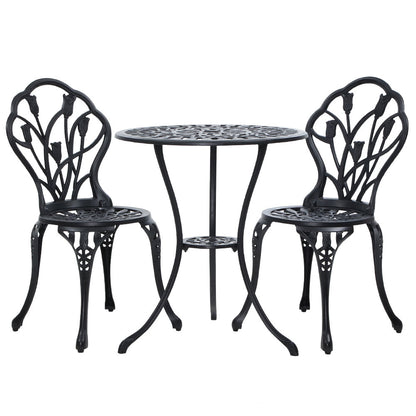 Gardeon 3PC Bistro Set – Black Cast Aluminum Table & Chairs with Tulip Design