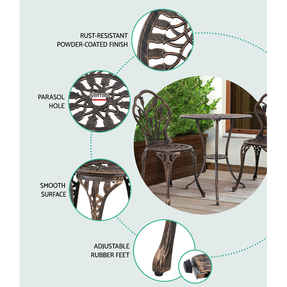 Gardeon 3PC Outdoor Bistro Set – Tulip Bronze Cast Aluminum Table & Chairs