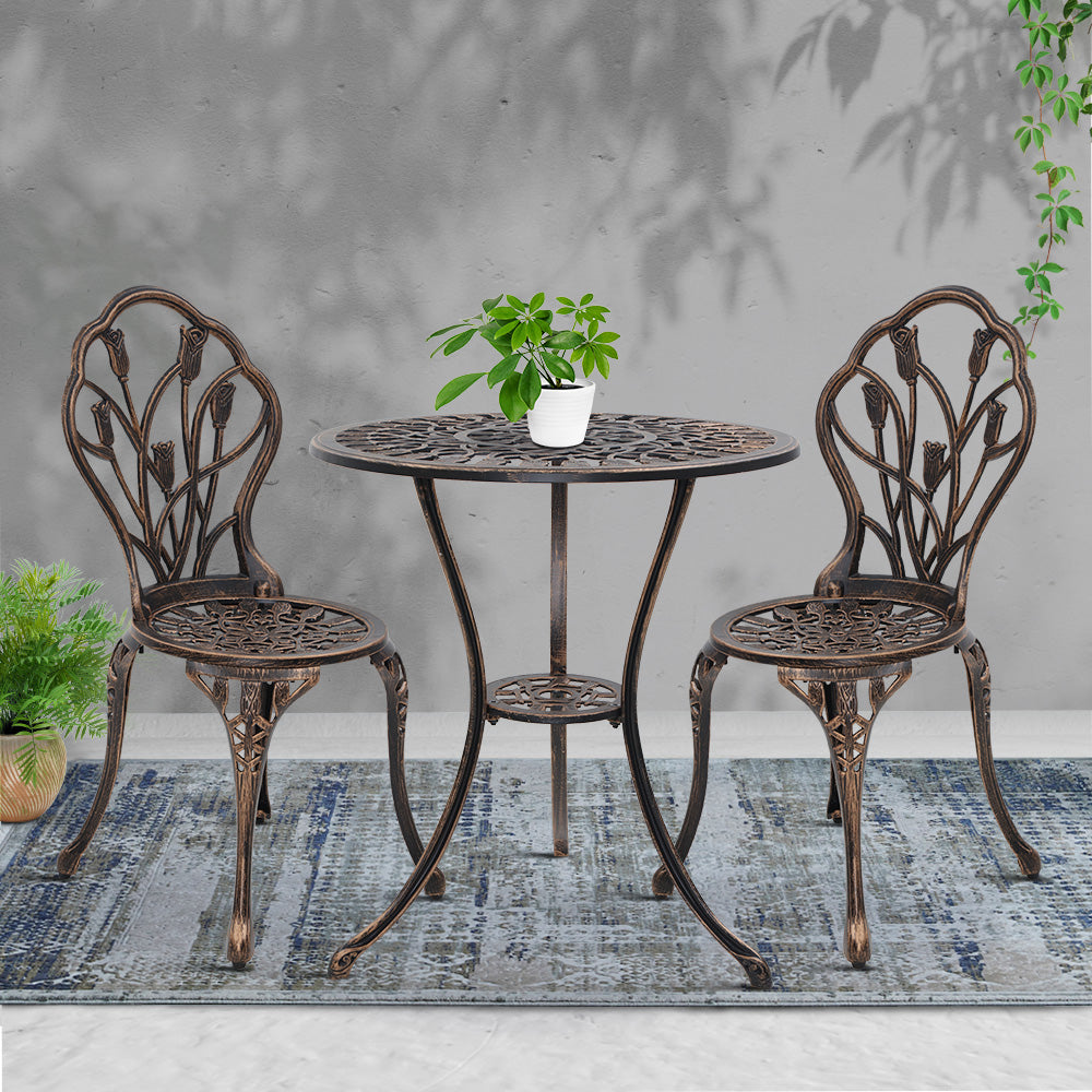 Gardeon 3PC Outdoor Bistro Set – Tulip Bronze Cast Aluminum Table & Chairs
