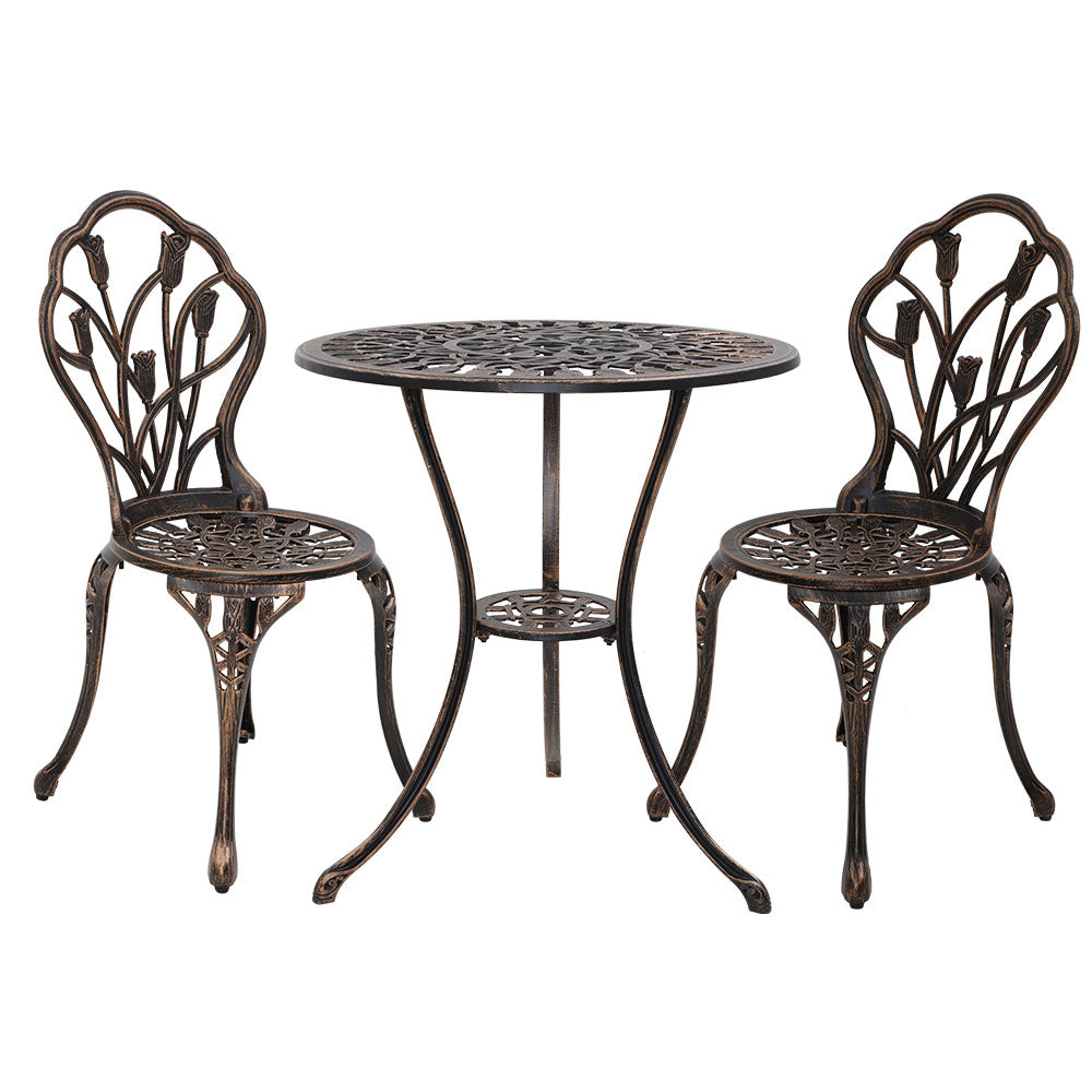 Gardeon 3PC Outdoor Bistro Set – Tulip Bronze Cast Aluminum Table & Chairs
