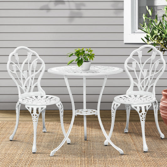 Gardeon 3PC Outdoor Bistro Set – White Cast Aluminium Chairs & Table with Tulip Design