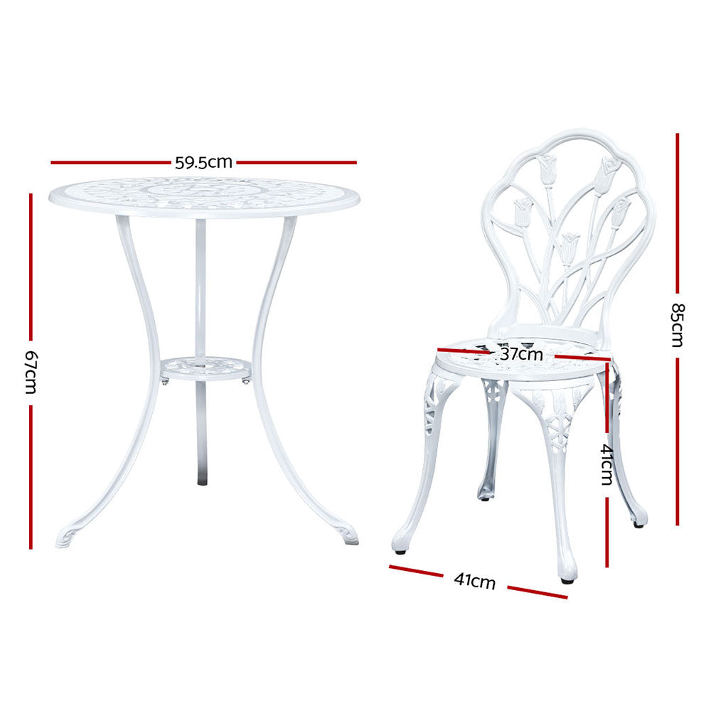 Gardeon 3PC Outdoor Bistro Set – White Cast Aluminium Chairs & Table with Tulip Design
