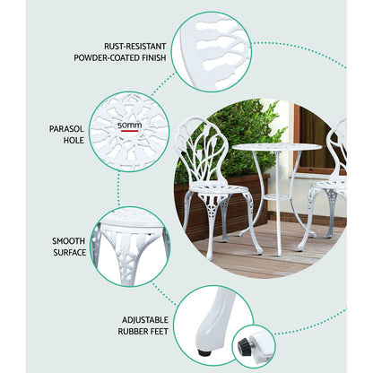 Gardeon 3PC Outdoor Bistro Set – White Cast Aluminium Chairs & Table with Tulip Design