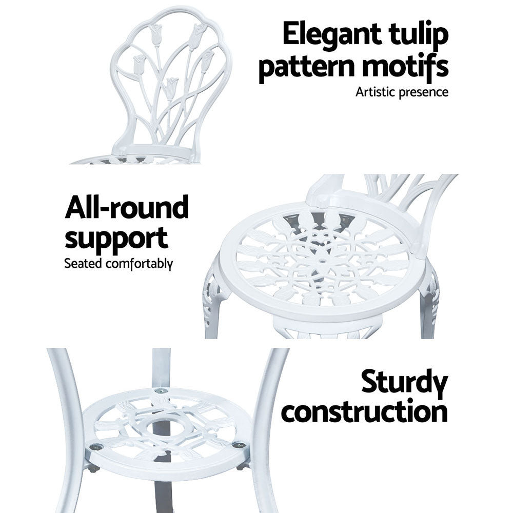 Gardeon 3PC Outdoor Bistro Set – White Cast Aluminium Chairs & Table with Tulip Design