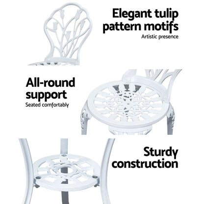 Gardeon 3PC Outdoor Bistro Set – White Cast Aluminium Chairs & Table with Tulip Design