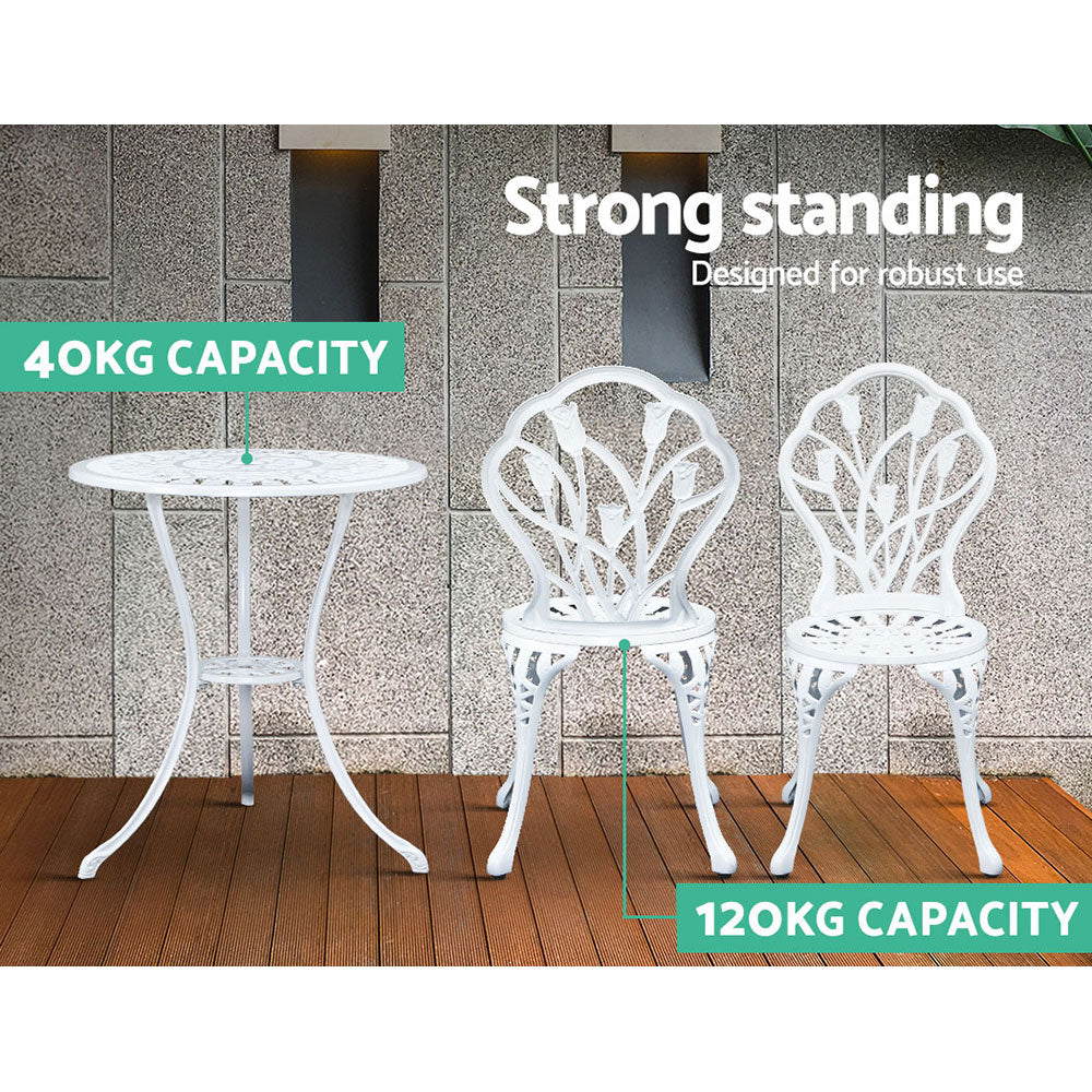 Gardeon 3PC Outdoor Bistro Set – White Cast Aluminium Chairs & Table with Tulip Design