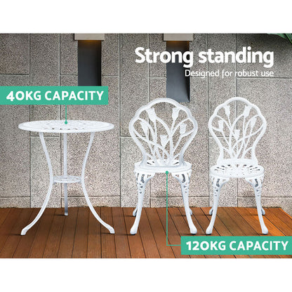 Gardeon 3PC Outdoor Bistro Set – White Cast Aluminium Chairs & Table with Tulip Design