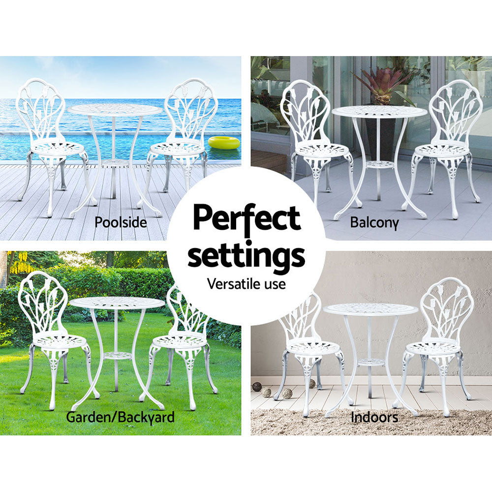 Gardeon 3PC Outdoor Bistro Set – White Cast Aluminium Chairs & Table with Tulip Design