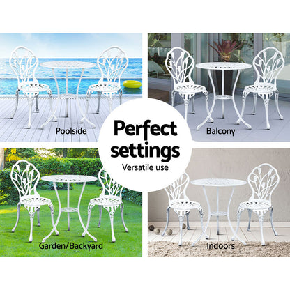 Gardeon 3PC Outdoor Bistro Set – White Cast Aluminium Chairs & Table with Tulip Design