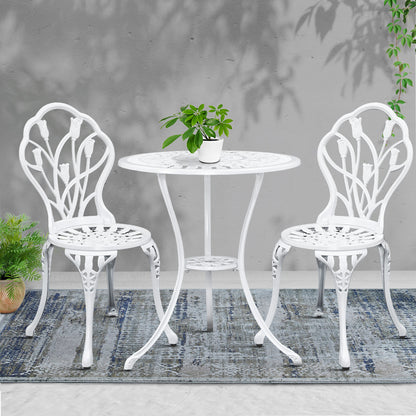 Gardeon 3PC Outdoor Bistro Set – White Cast Aluminium Chairs & Table with Tulip Design