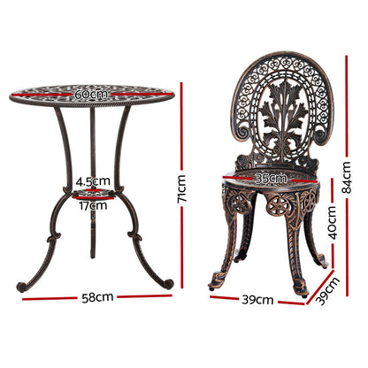 Gardeo 3PC Patio Bistro Set – Bronze Aluminium Outdoor Dining Chairs & Table