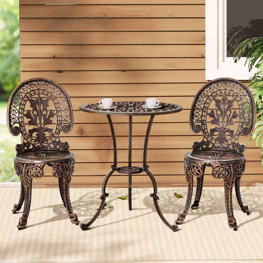 Gardeo 3PC Patio Bistro Set – Bronze Aluminium Outdoor Dining Chairs & Table