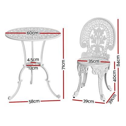 Gardeon 3-Piece Outdoor Bistro Set – White Aluminium Patio Dining Chairs & Table