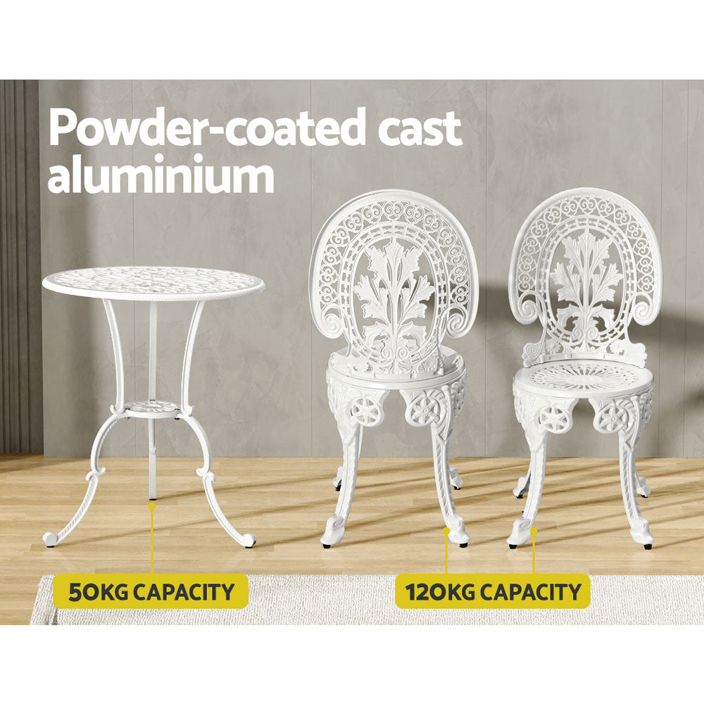 Gardeon 3-Piece Outdoor Bistro Set – White Aluminium Patio Dining Chairs & Table