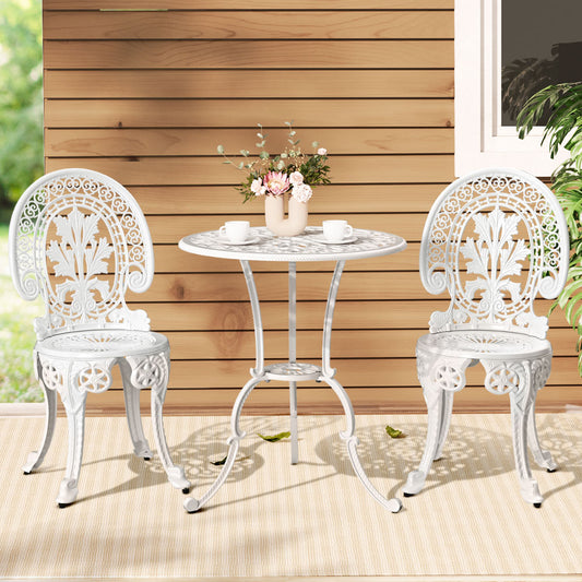 Gardeon 3-Piece Outdoor Bistro Set – White Aluminium Patio Dining Chairs & Table