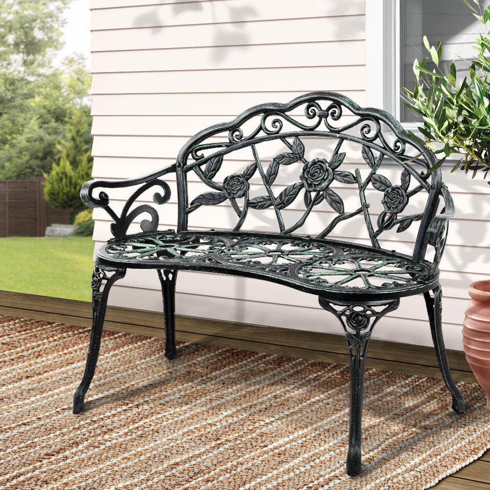 Gardeon 100cm Garden Bench Seat – Vintage Green Cast Aluminium Patio Chair