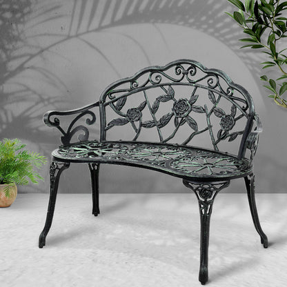 Gardeon 100cm Garden Bench Seat – Vintage Green Cast Aluminium Patio Chair