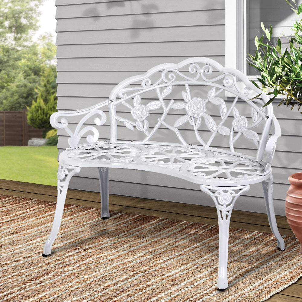 Gardeon 100cm Outdoor Garden Bench – Vintage White Cast Aluminium Patio Seat