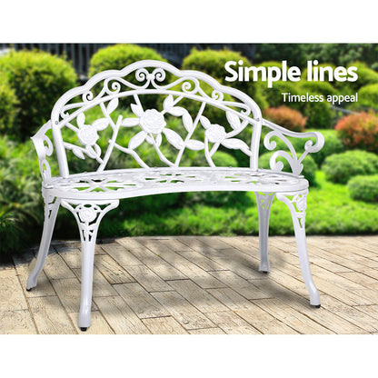 Gardeon 100cm Outdoor Garden Bench – Vintage White Cast Aluminium Patio Seat