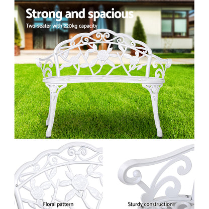 Gardeon 100cm Outdoor Garden Bench – Vintage White Cast Aluminium Patio Seat