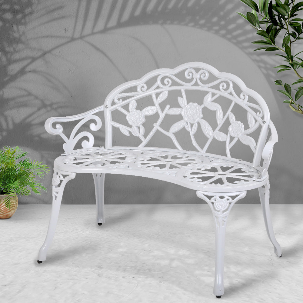 Gardeon 100cm Outdoor Garden Bench – Vintage White Cast Aluminium Patio Seat