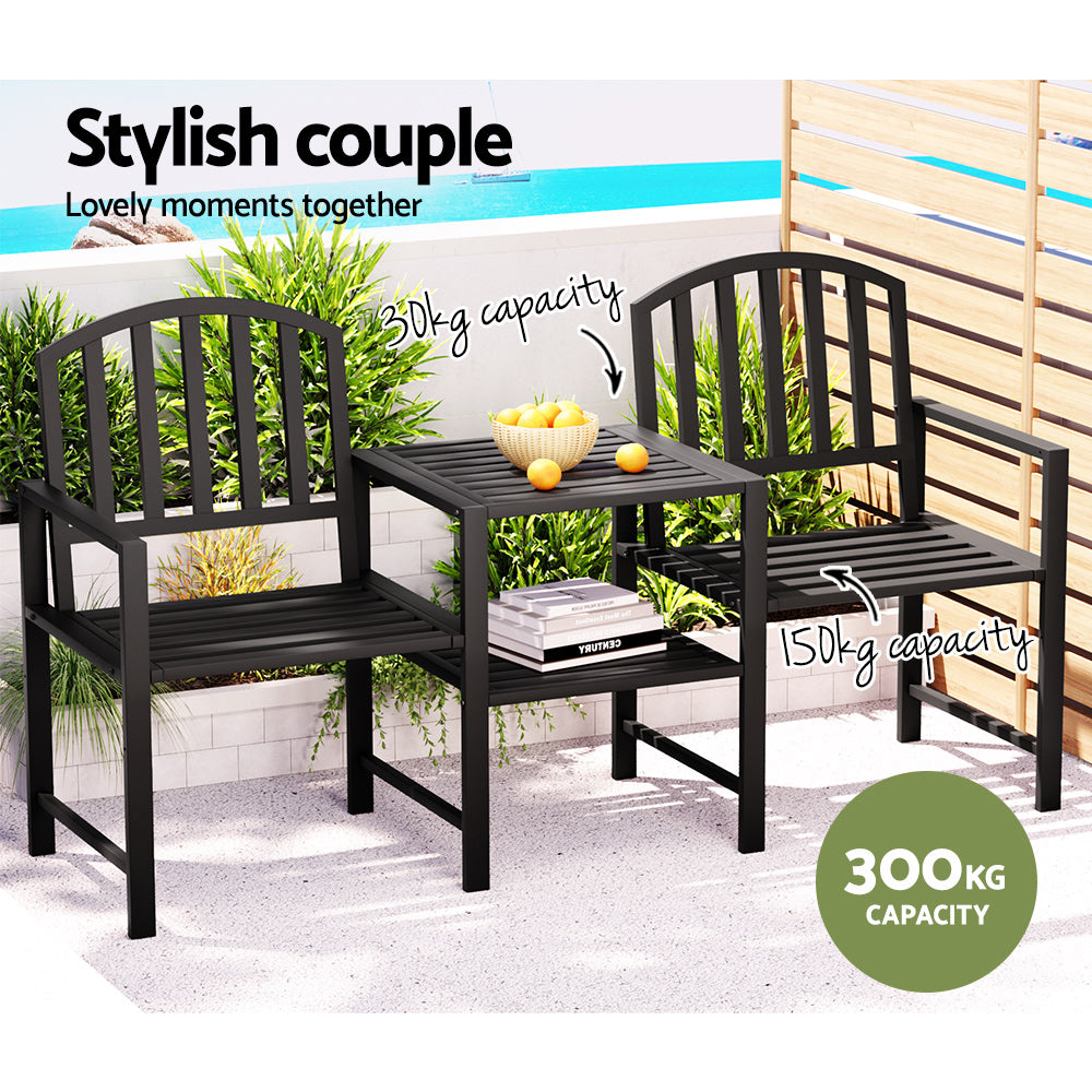 Gardeon Outdoor Garden Bench Set – Black Steel Loveseat with Table & Chairs