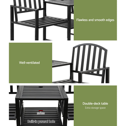 Gardeon Outdoor Garden Bench Set – Black Steel Loveseat with Table & Chairs