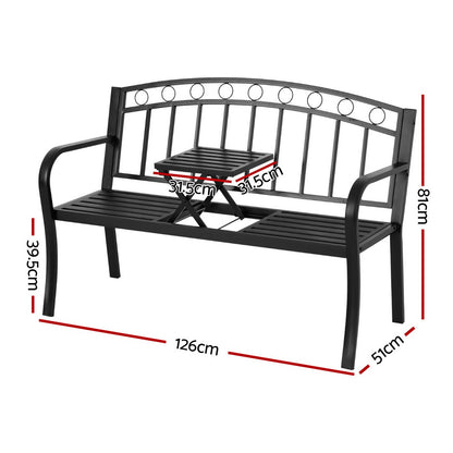Gardeon Outdoor Garden Loveseat Bench – Black Steel Seat with Foldable Table