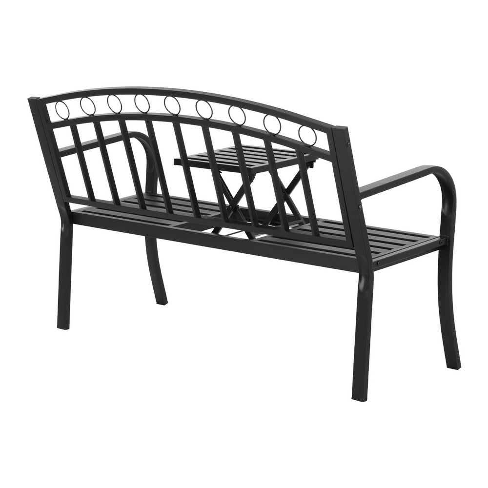 Gardeon Outdoor Garden Loveseat Bench – Black Steel Seat with Foldable Table