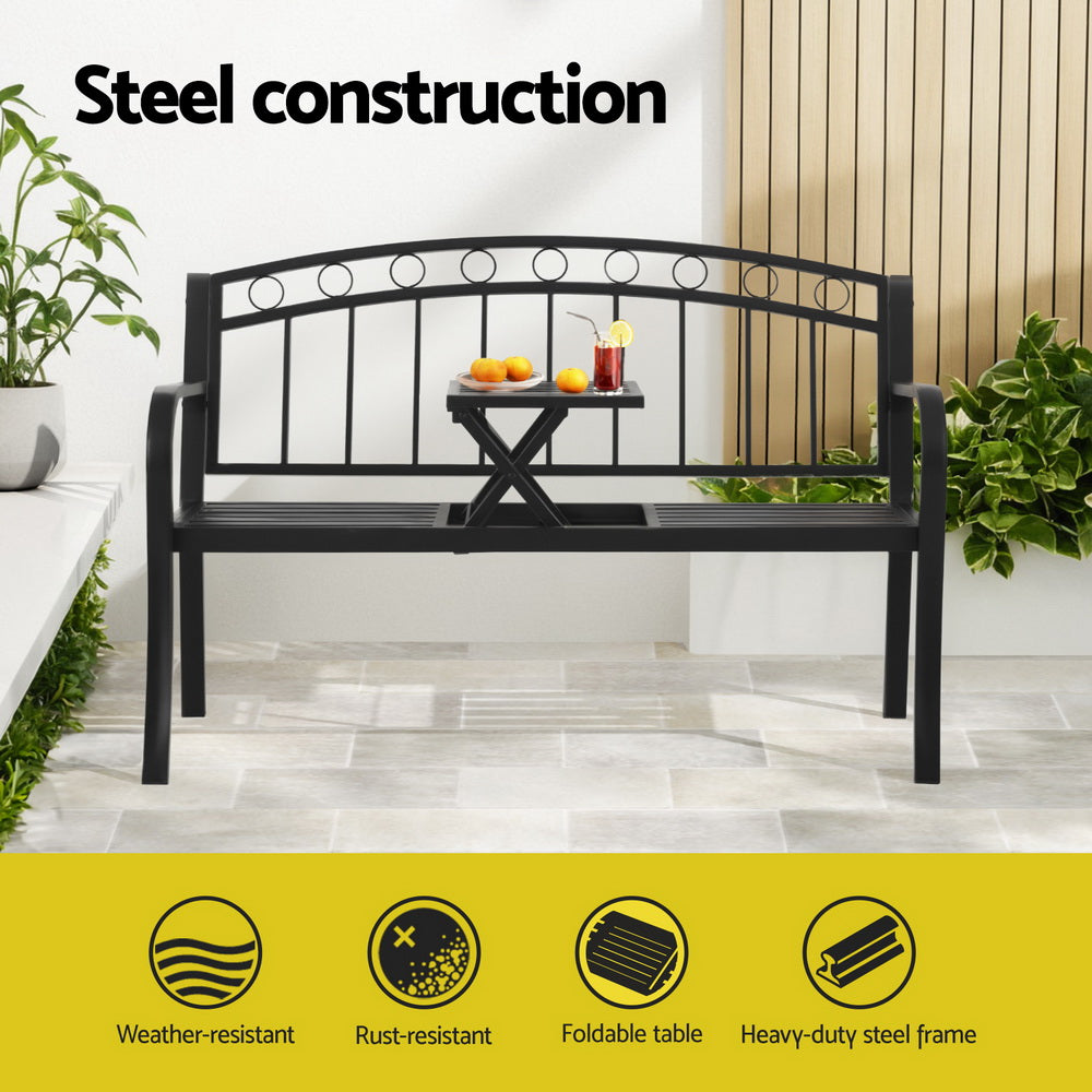 Gardeon Outdoor Garden Loveseat Bench – Black Steel Seat with Foldable Table