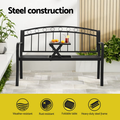 Gardeon Outdoor Garden Loveseat Bench – Black Steel Seat with Foldable Table