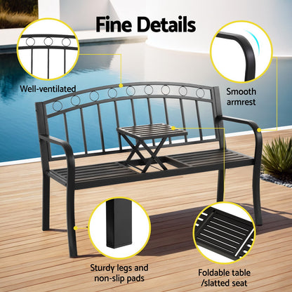 Gardeon Outdoor Garden Loveseat Bench – Black Steel Seat with Foldable Table