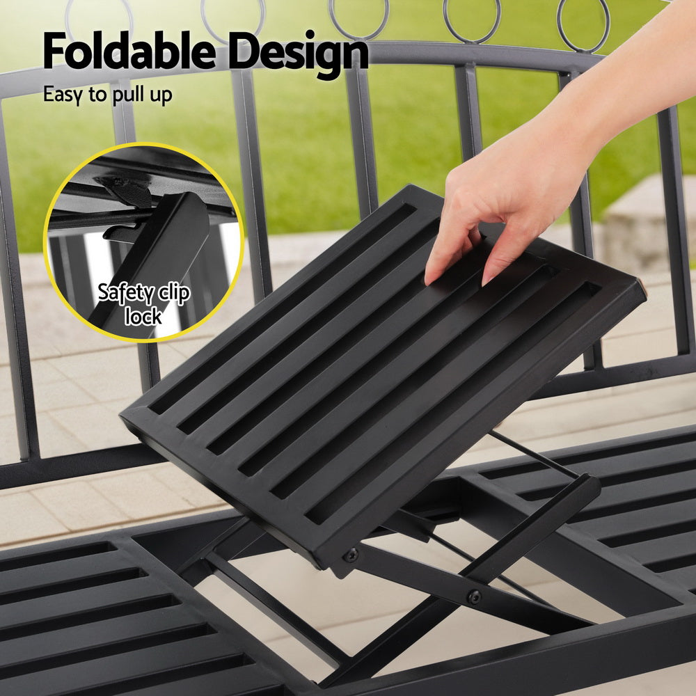 Gardeon Outdoor Garden Loveseat Bench – Black Steel Seat with Foldable Table