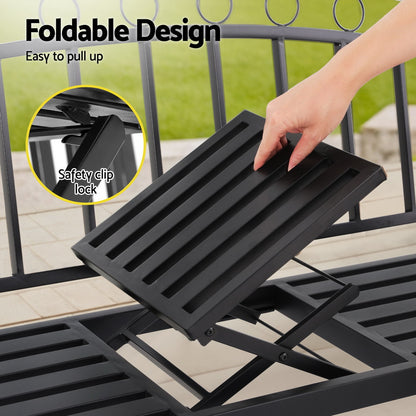 Gardeon Outdoor Garden Loveseat Bench – Black Steel Seat with Foldable Table